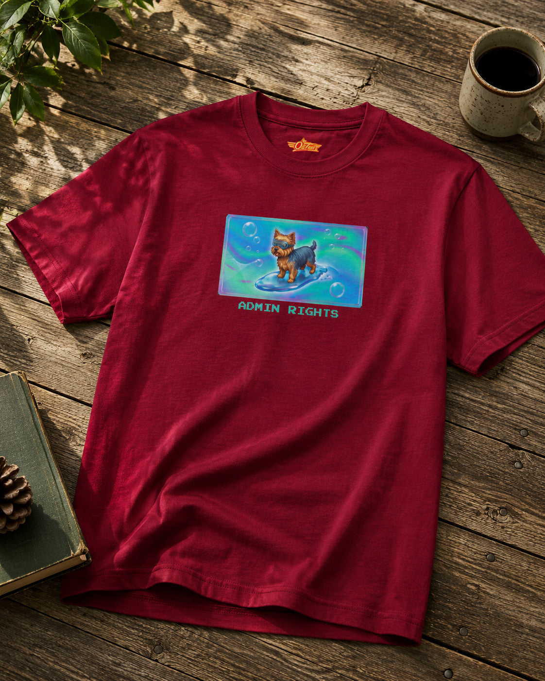 O's Tees Admin Rights Yorkshire Terrier Frutiger Aero Dogs graphic tee tabletop primary product image