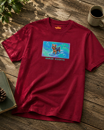 O's Tees Admin Rights Yorkshire Terrier Frutiger Aero Dogs graphic tee tabletop primary product image