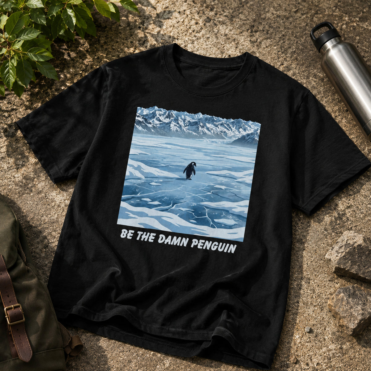 Be the Damn Penguin black graphic tee shown as a tabletop flat lay