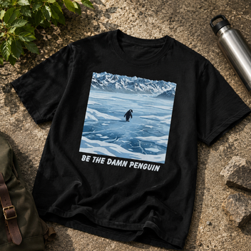 Be the Damn Penguin black graphic tee shown as a tabletop flat lay