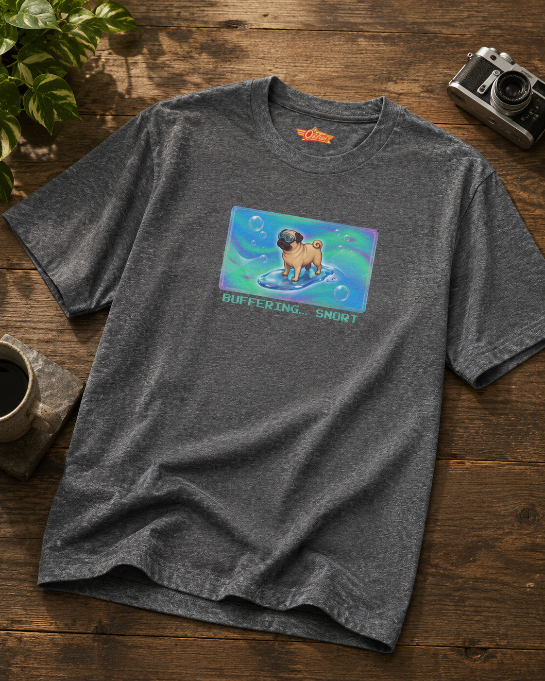 O's Tees Buffering… Snort Pug Frutiger Aero Dogs graphic tee tabletop primary product image
