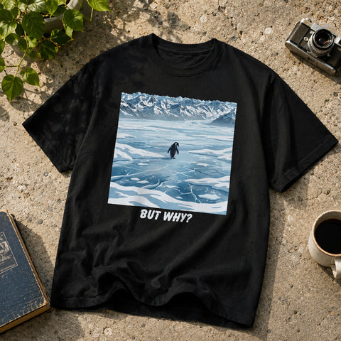 But Why Penguin black graphic tee shown as a tabletop flat lay