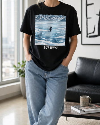 But Why Penguin black graphic T-shirt styled in a casual home setting