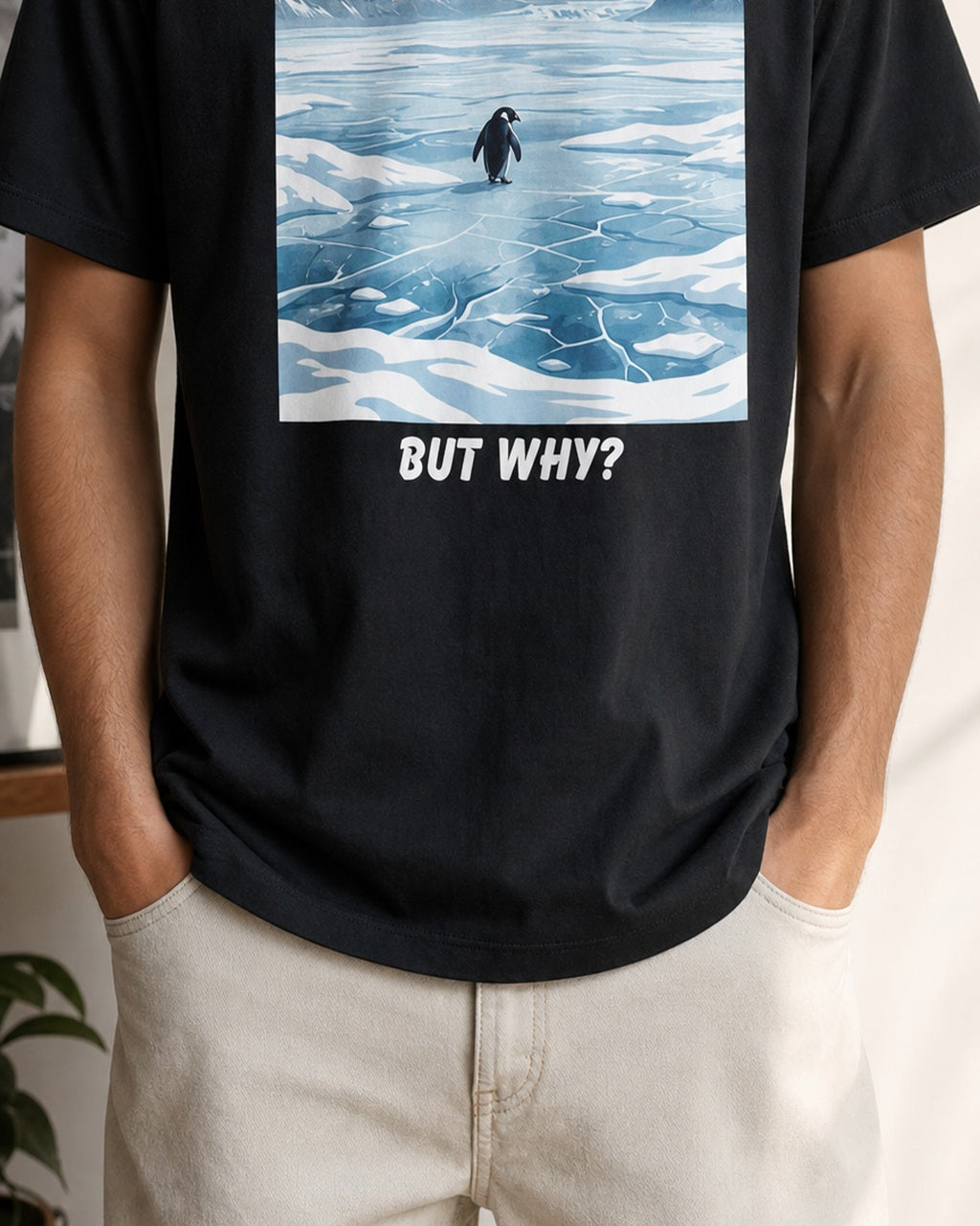 Torso view of the But Why Penguin graphic on a black tee