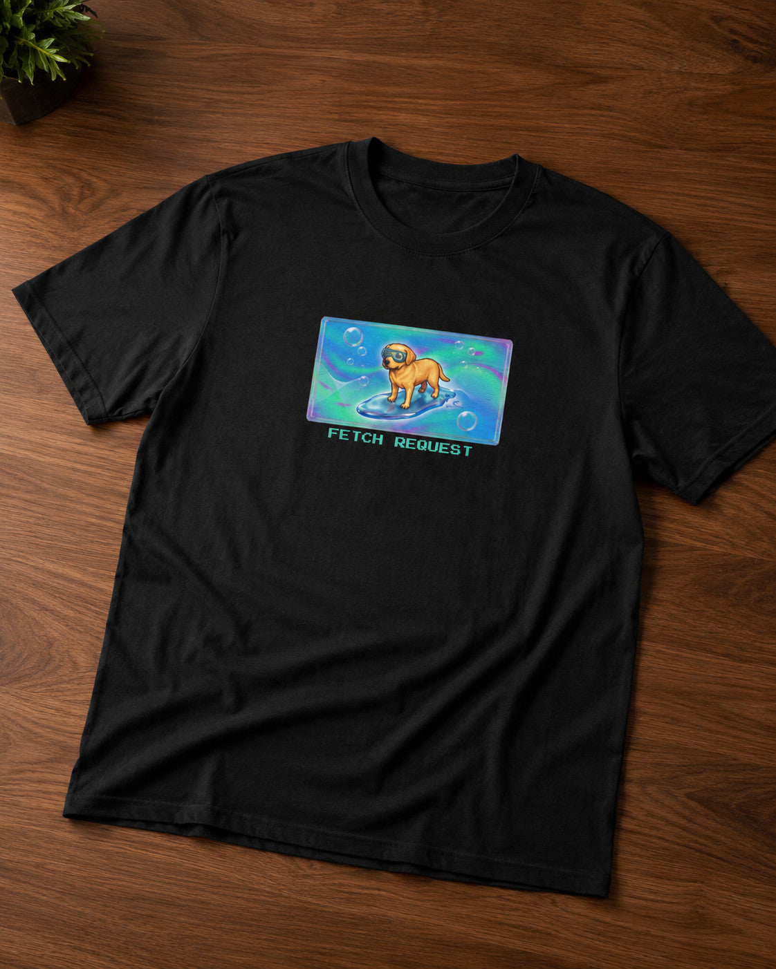 O's Tees Fetch Request Labrador Retriever Frutiger Aero Dogs graphic tee tabletop primary product image