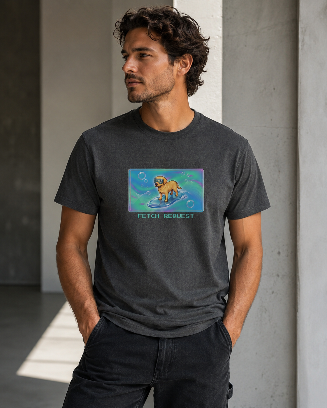 O's Tees Fetch Request Labrador Retriever Frutiger Aero Dogs graphic tee lifestyle image — Dark Heather shirt, male shot 03, no-phone editorial