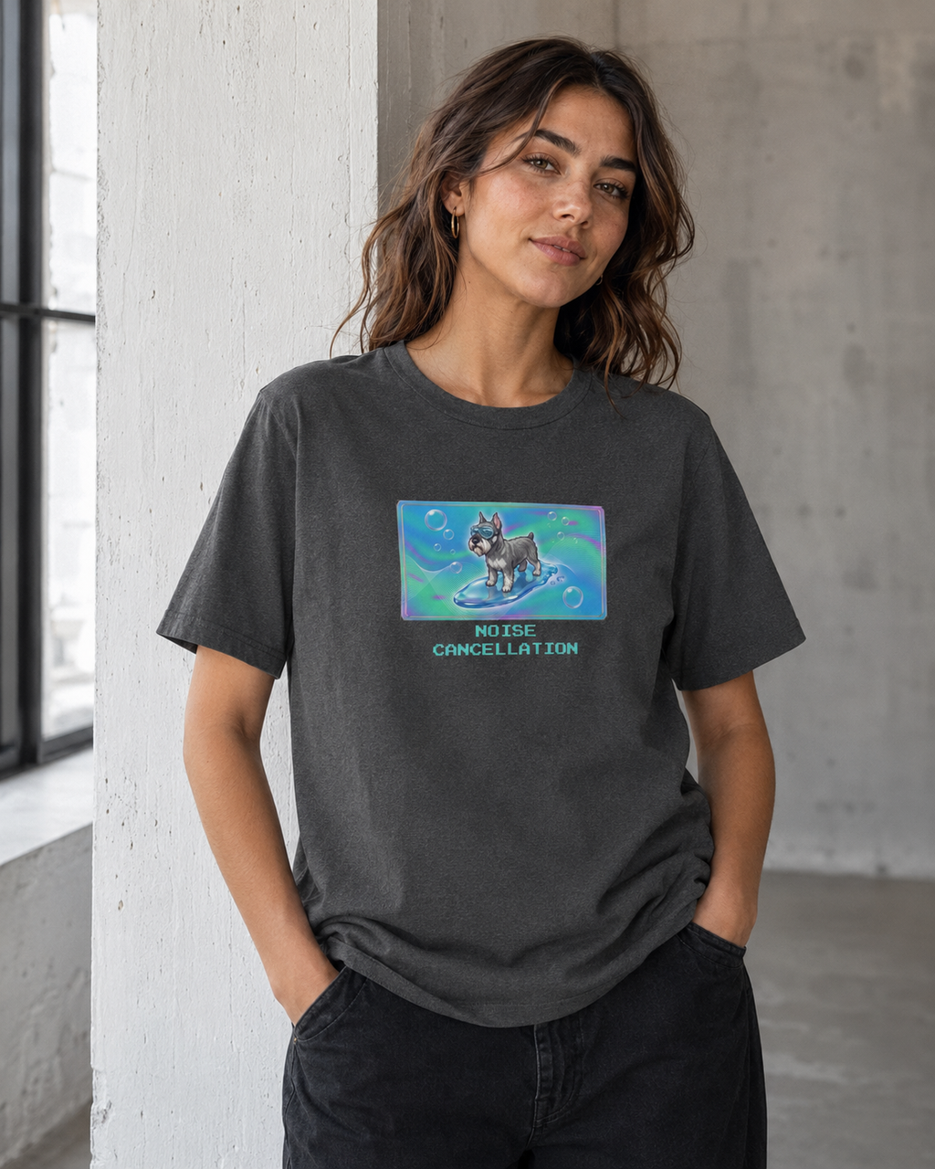 O's Tees Noise Cancellation Miniature Schnauzer Frutiger Aero Dogs graphic tee lifestyle image — Dark Heather shirt, female shot 03, no-phone editorial
