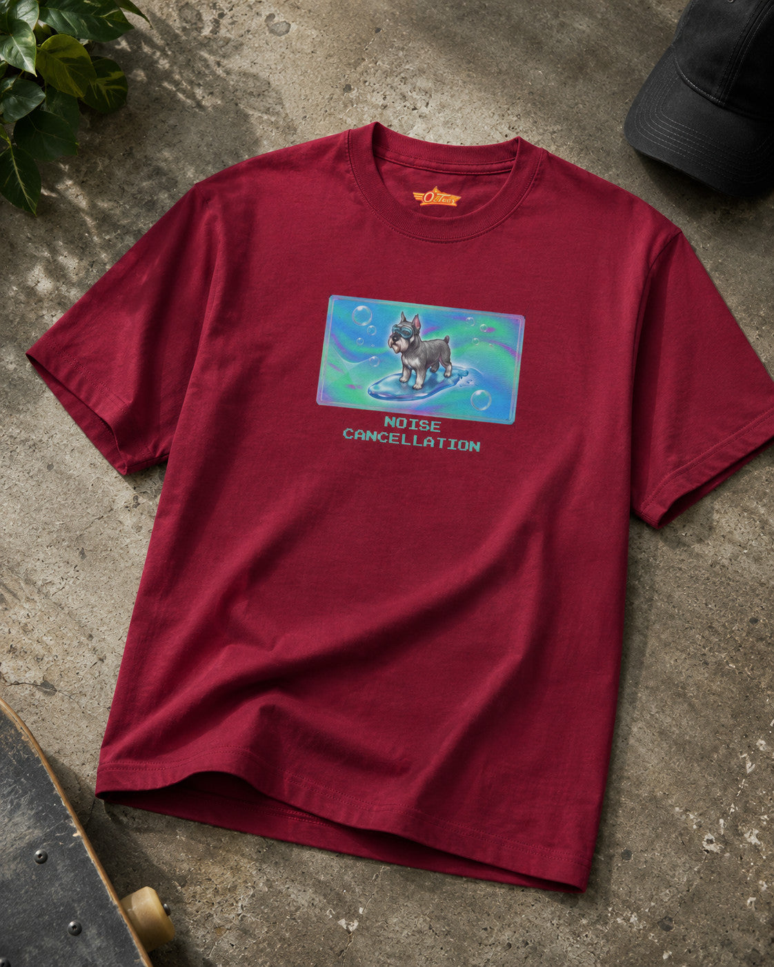 O's Tees Noise Cancellation Miniature Schnauzer Frutiger Aero Dogs graphic tee tabletop primary product image