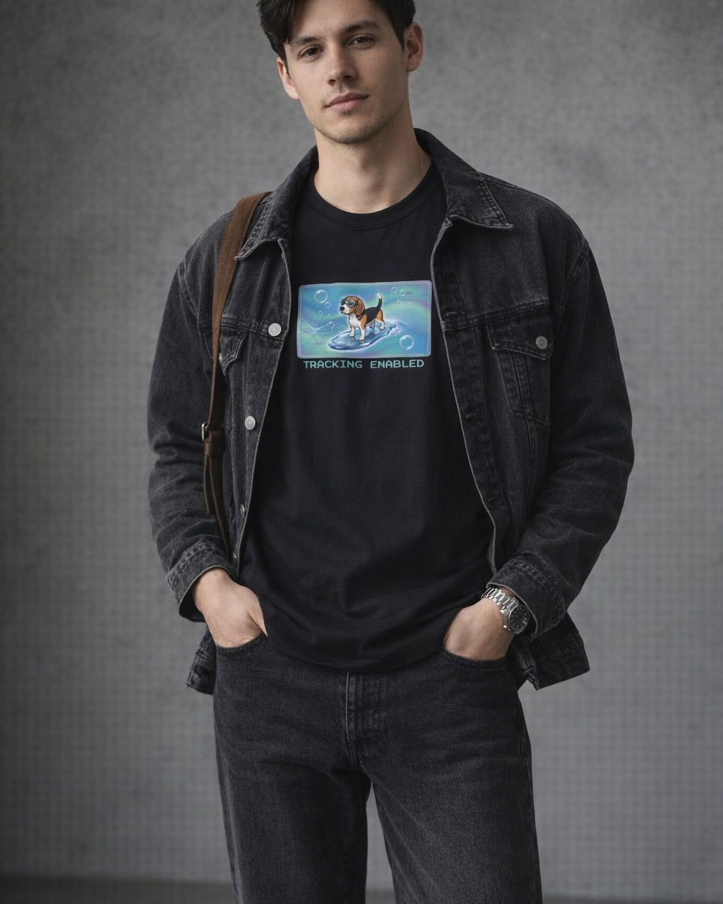 O's Tees Tracking Enabled Beagle Frutiger Aero Dogs graphic tee lifestyle image — Black shirt, male shot 02, washed black double denim
