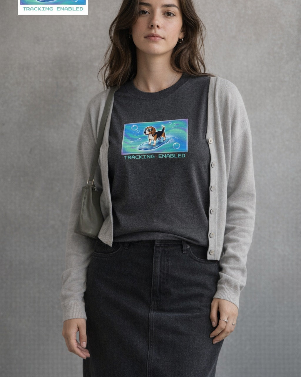 O's Tees Tracking Enabled Beagle Frutiger Aero Dogs graphic tee lifestyle image — Dark Heather shirt, female shot 02, washed black column skirt