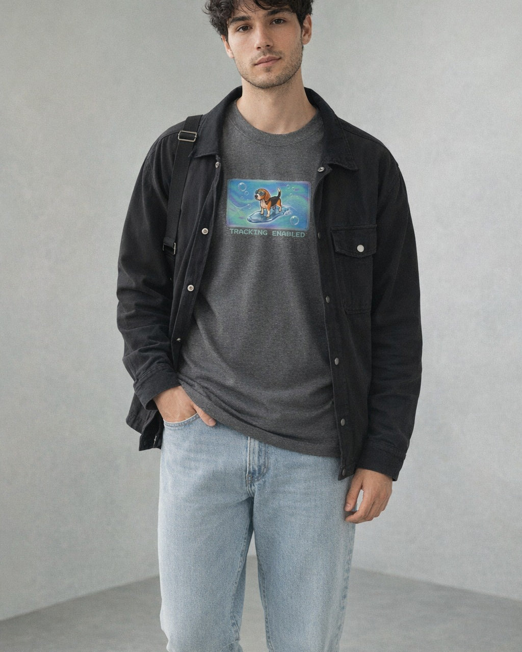 O's Tees Tracking Enabled Beagle Frutiger Aero Dogs graphic tee lifestyle image — Graphite Heather shirt, male shot 02, light denim black field