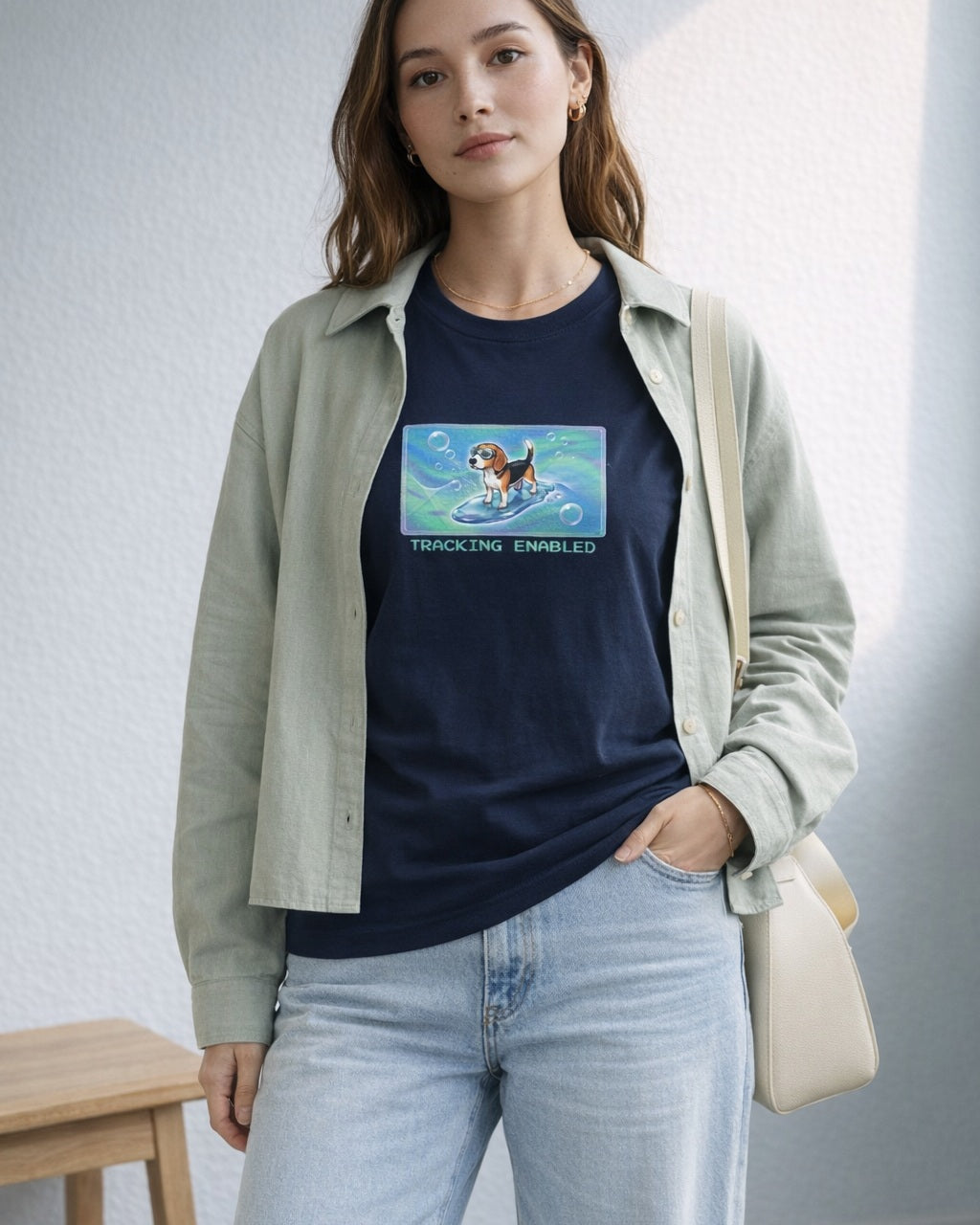 O's Tees Tracking Enabled Beagle Frutiger Aero Dogs graphic tee lifestyle image — Navy shirt, female shot 02, lightwash sage