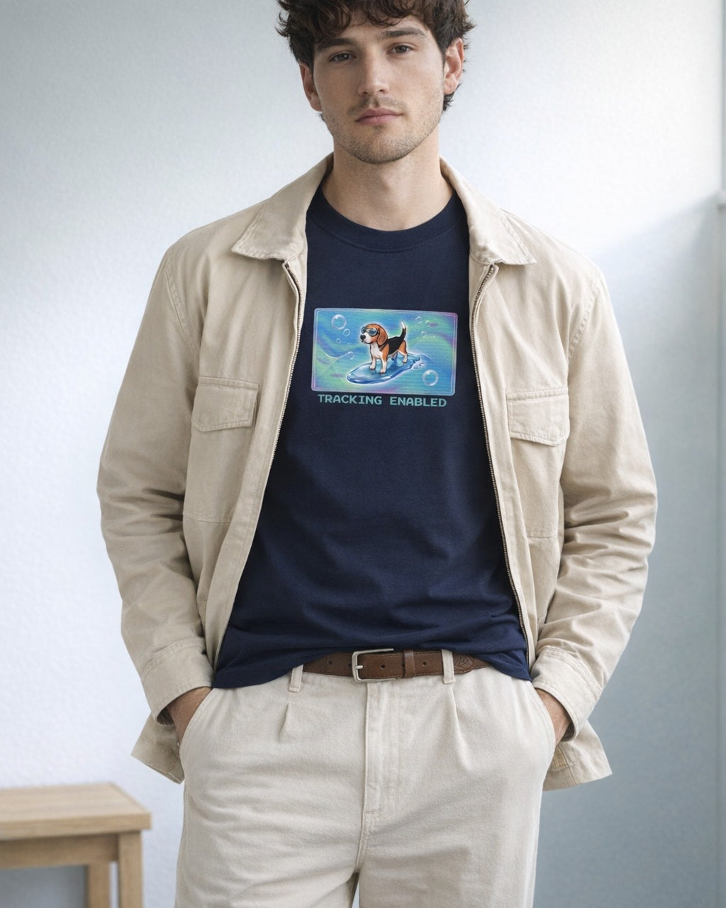 O's Tees Tracking Enabled Beagle Frutiger Aero Dogs graphic tee lifestyle image — Navy shirt, male shot 01, ecru trouser field