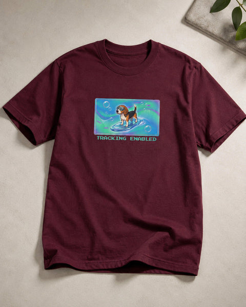 O's Tees Tracking Enabled Beagle Frutiger Aero Dogs graphic tee — tabletop primary product image
