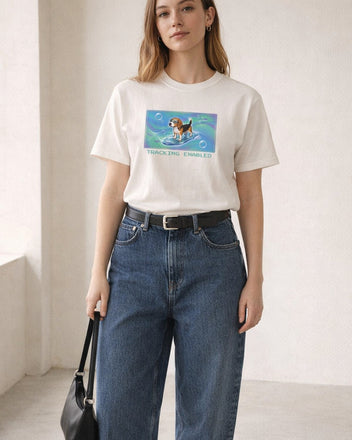 O's Tees Tracking Enabled Beagle Frutiger Aero Dogs graphic tee lifestyle image — White shirt, female shot 01, barrel denim mary jane