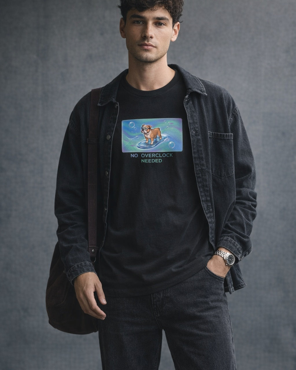 O's Tees No Overclock Needed Bulldog Frutiger Aero Dogs graphic tee lifestyle image — Black shirt, male shot 02, washed black double denim