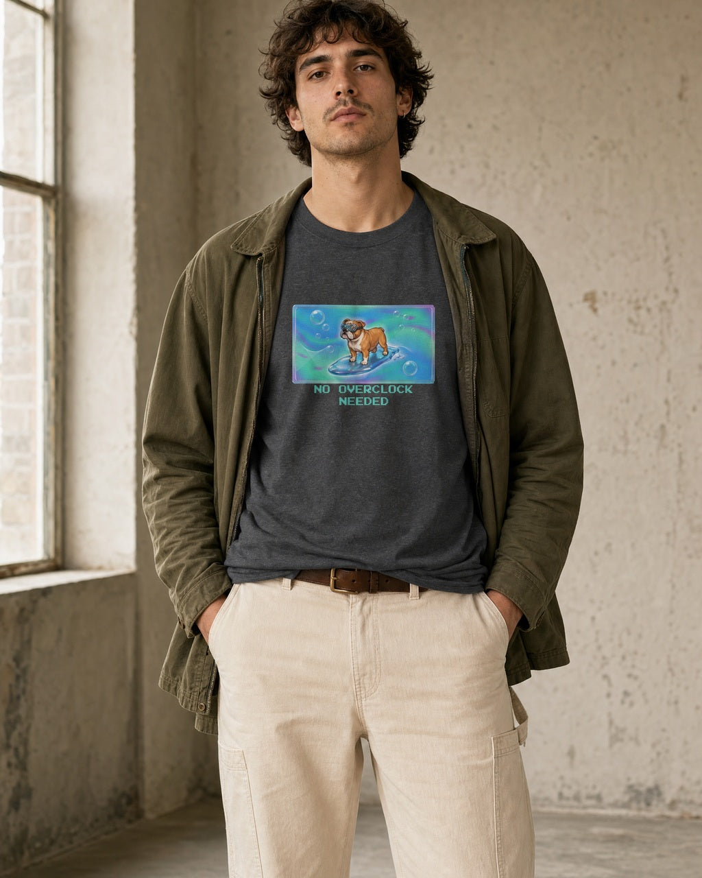 O's Tees No Overclock Needed Bulldog Frutiger Aero Dogs graphic tee lifestyle image — Dark Heather shirt, male shot 01, ecru carpenter olive field