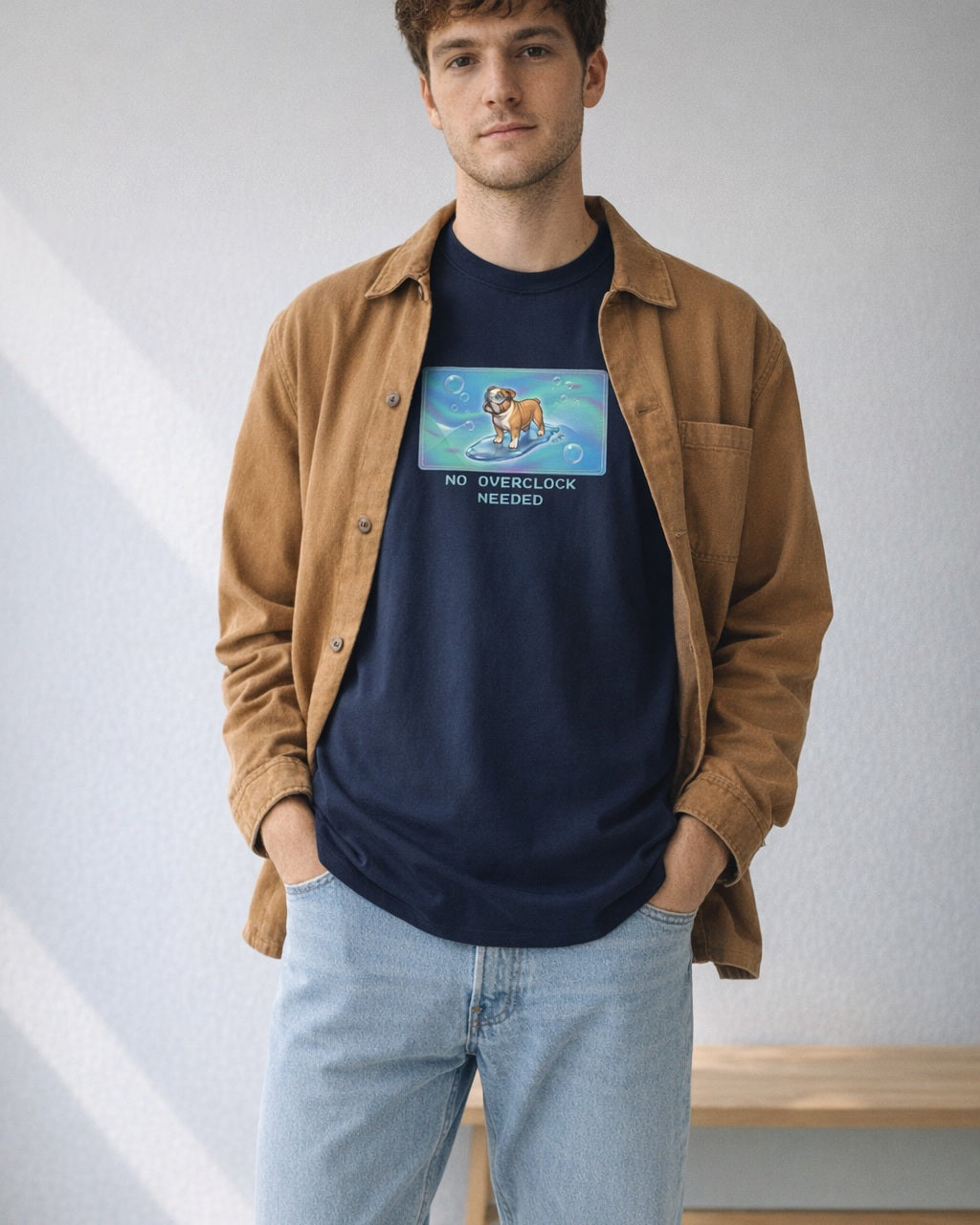 O's Tees No Overclock Needed Bulldog Frutiger Aero Dogs graphic tee lifestyle image — Navy shirt, male shot 02, light denim tobacco