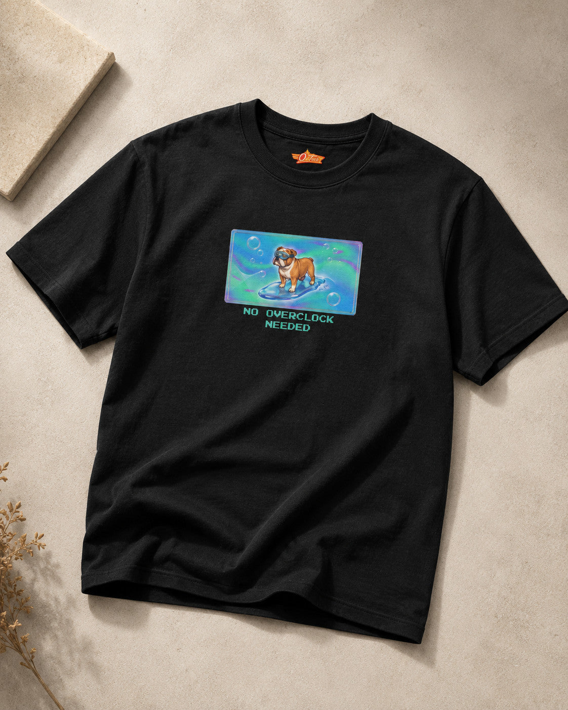 O's Tees No Overclock Needed Bulldog Frutiger Aero Dogs graphic tee — tabletop primary product image