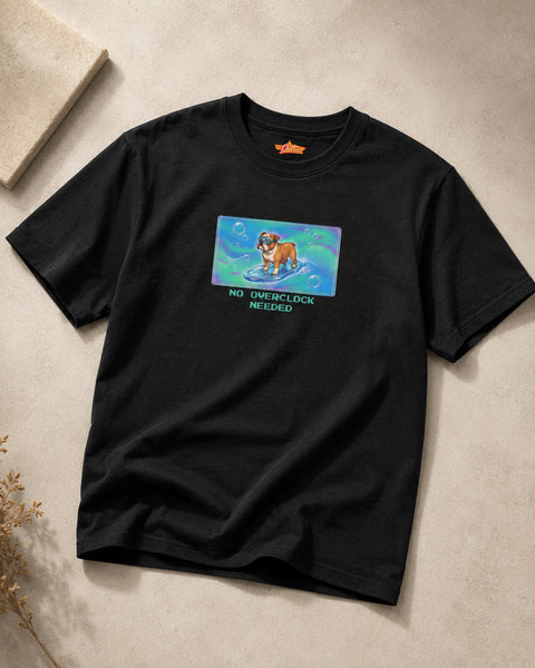 O's Tees No Overclock Needed Bulldog Frutiger Aero Dogs graphic tee — tabletop primary product image