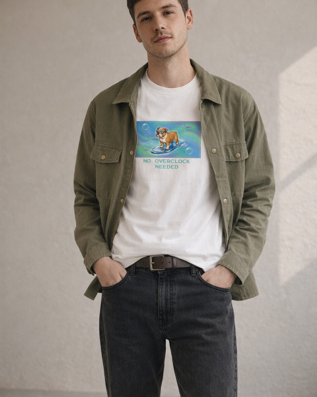 O's Tees No Overclock Needed Bulldog Frutiger Aero Dogs graphic tee lifestyle image — White shirt, male shot 01, black denim field jacket
