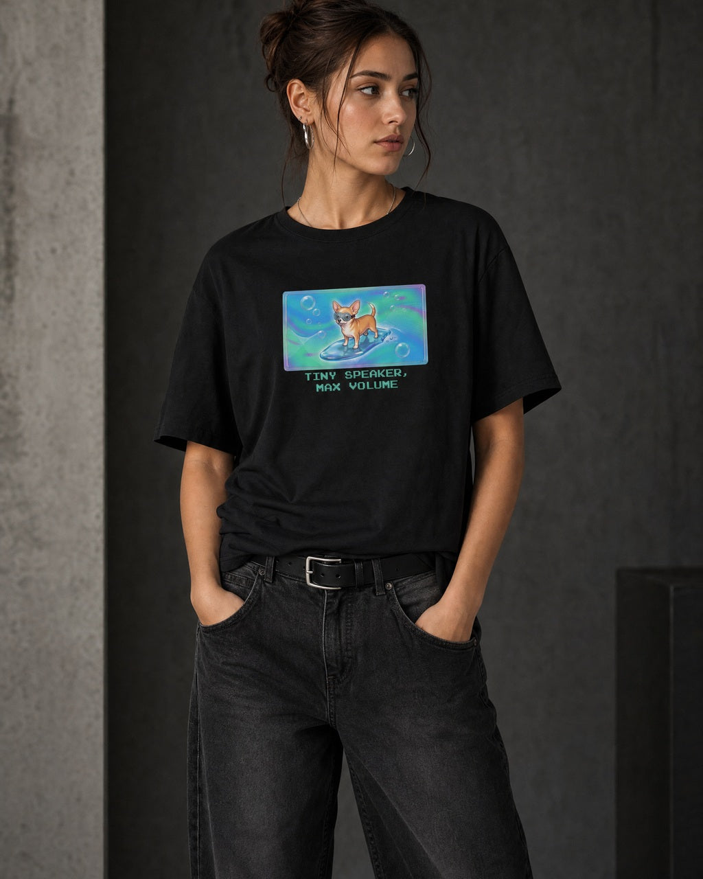 O's Tees Tiny Speaker, Max Volume Chihuahua Frutiger Aero Dogs graphic tee lifestyle image — Black shirt, female shot 01, washed black denim