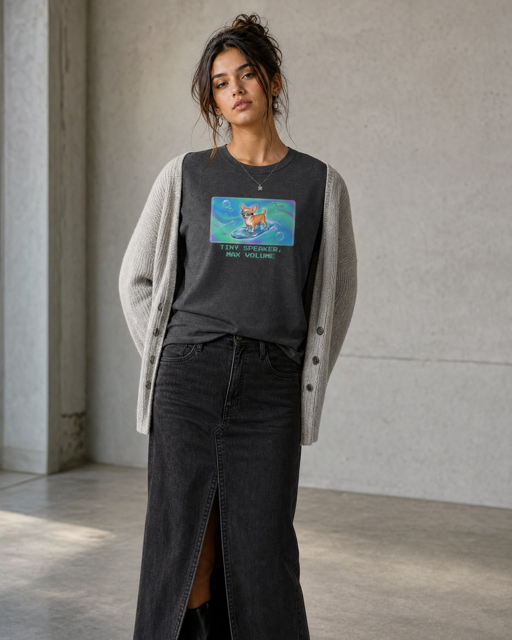 O's Tees Tiny Speaker, Max Volume Chihuahua Frutiger Aero Dogs graphic tee lifestyle image — Dark Heather shirt, female shot 02, washed black column skirt