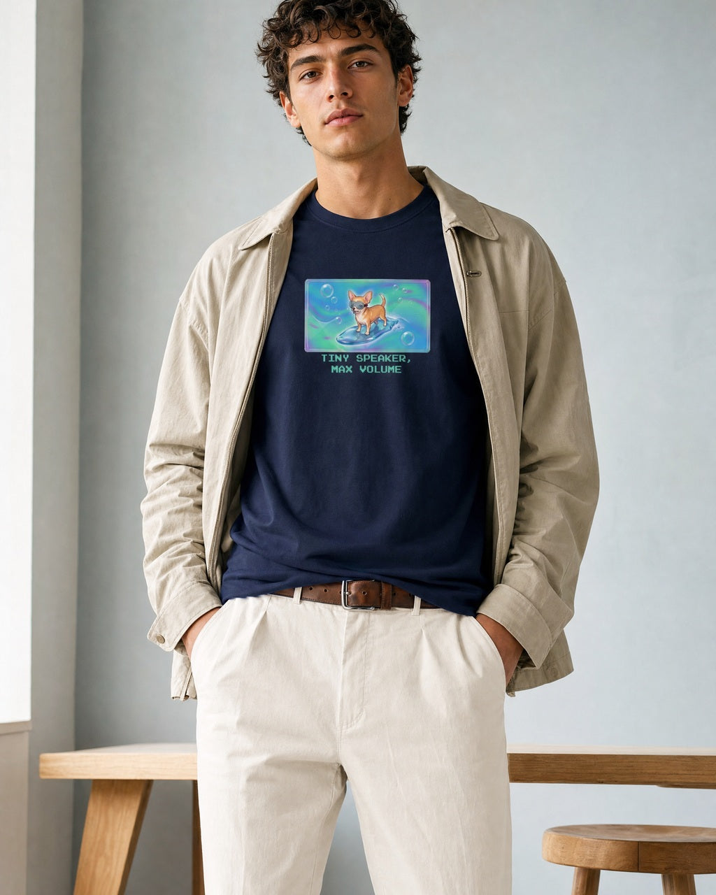 O's Tees Tiny Speaker, Max Volume Chihuahua Frutiger Aero Dogs graphic tee lifestyle image — Navy shirt, male shot 01, ecru trouser field