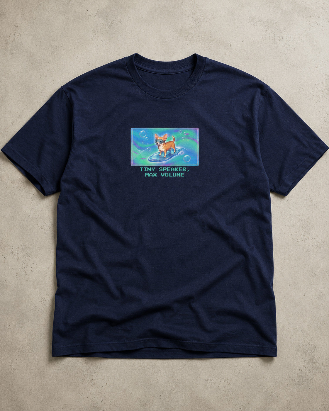 O's Tees Tiny Speaker, Max Volume Chihuahua Frutiger Aero Dogs graphic tee — tabletop primary product image
