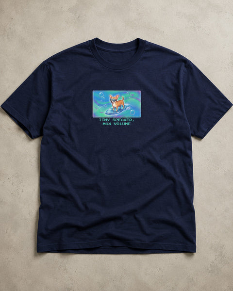 O's Tees Tiny Speaker, Max Volume Chihuahua Frutiger Aero Dogs graphic tee — tabletop primary product image