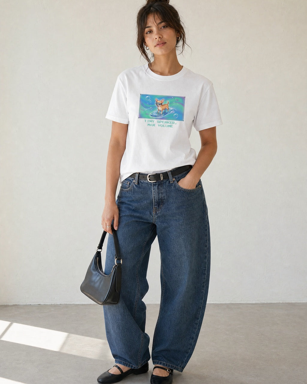 O's Tees Tiny Speaker, Max Volume Chihuahua Frutiger Aero Dogs graphic tee lifestyle image — White shirt, female shot 01, barrel denim mary jane