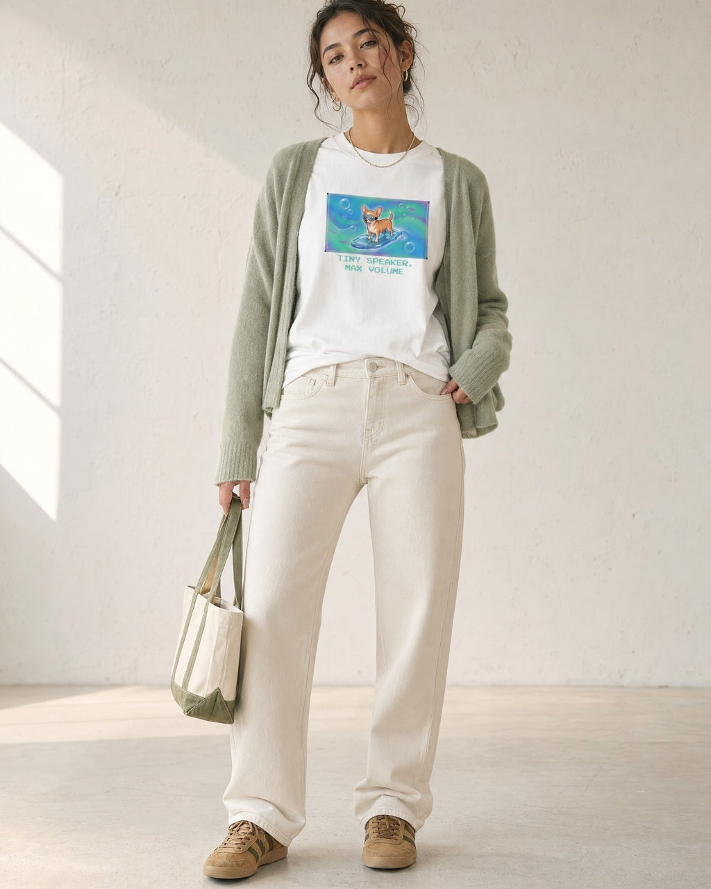 O's Tees Tiny Speaker, Max Volume Chihuahua Frutiger Aero Dogs graphic tee lifestyle image — White shirt, female shot 02, sage cardigan cream denim