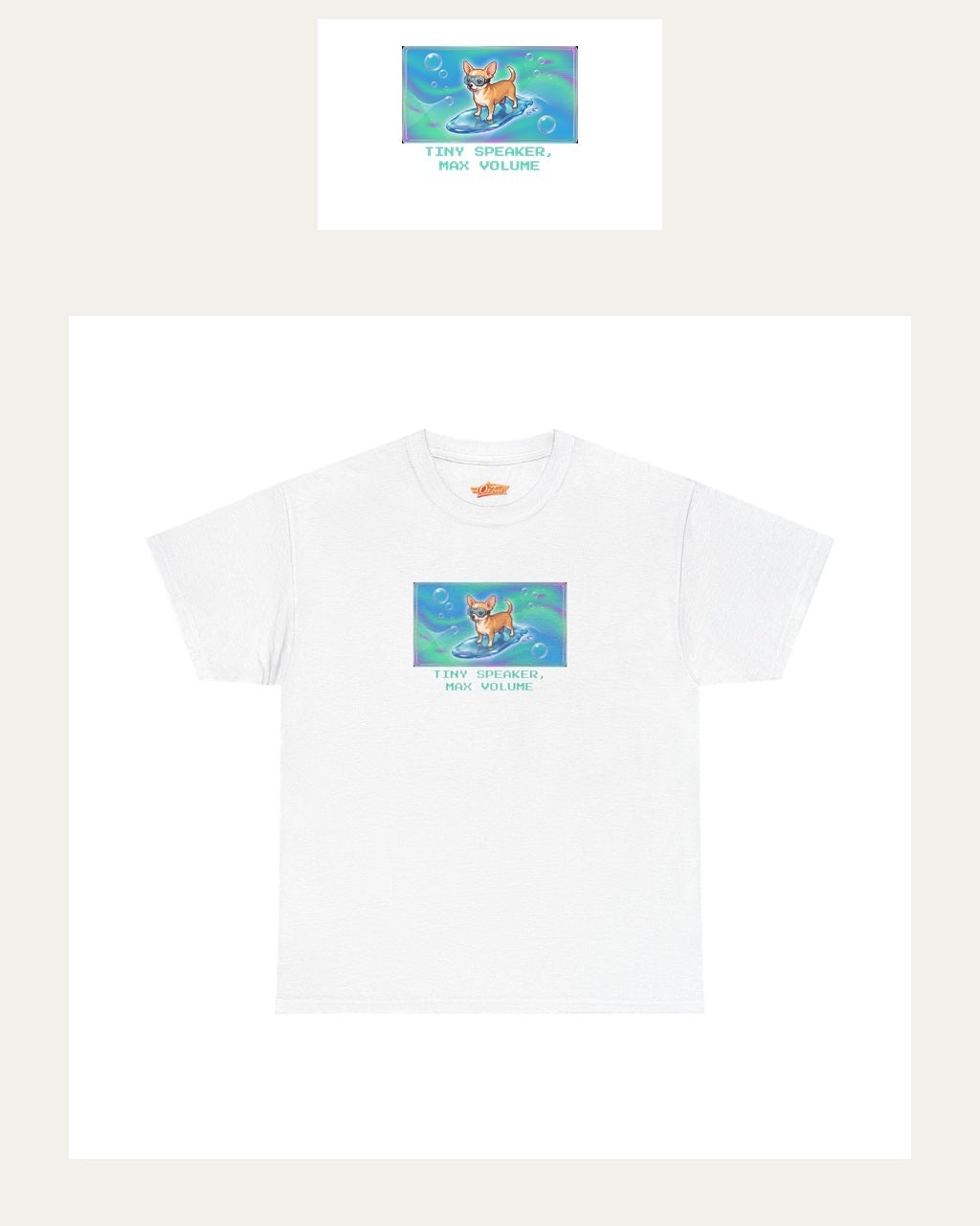 O's Tees Tiny Speaker, Max Volume Chihuahua Frutiger Aero Dogs graphic tee lifestyle image — White shirt, male shot 01, black denim field jacket