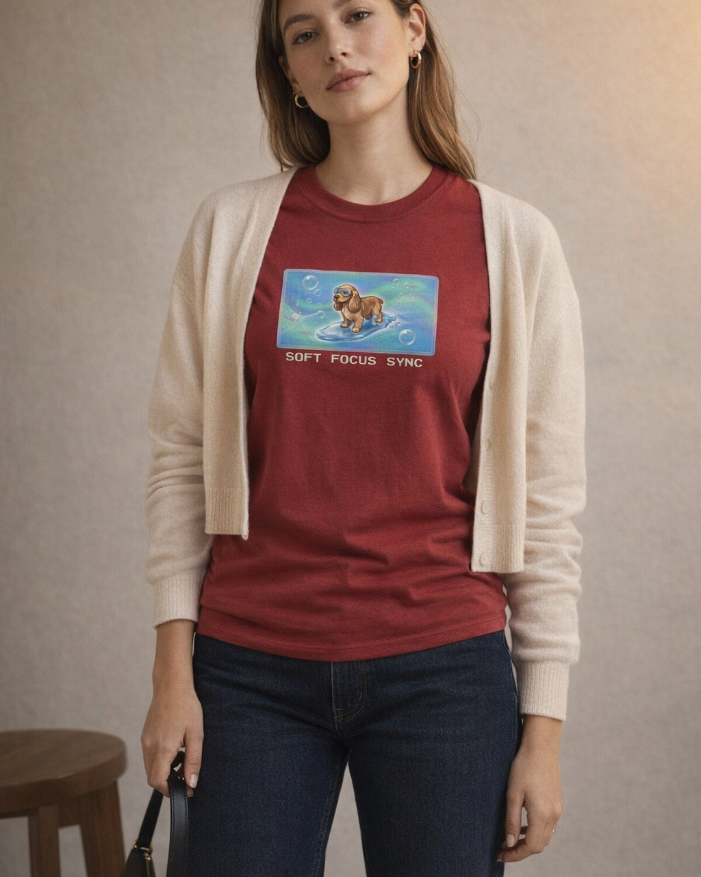 O's Tees Soft Focus Sync Cocker Spaniel Frutiger Aero Dogs graphic tee lifestyle image — Cardinal Red shirt, female shot 01, dark indigo cream cardigan