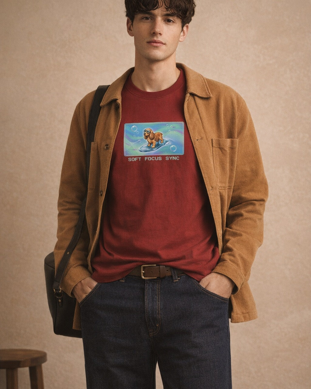 O's Tees Soft Focus Sync Cocker Spaniel Frutiger Aero Dogs graphic tee lifestyle image — Cardinal Red shirt, male shot 01, raw denim camel chore