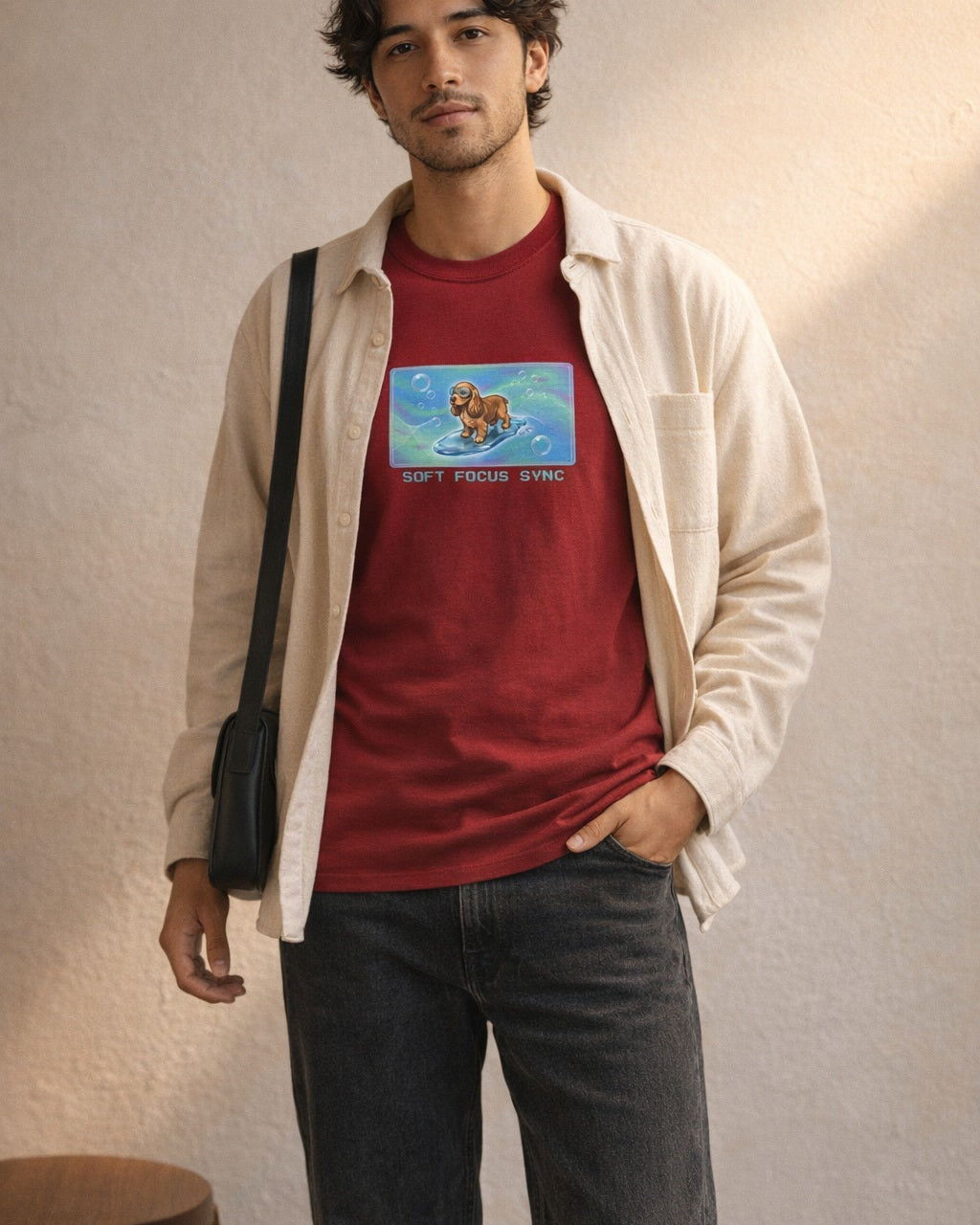 O's Tees Soft Focus Sync Cocker Spaniel Frutiger Aero Dogs graphic tee lifestyle image — Cardinal Red shirt, male shot 02, black jeans cream overshirt