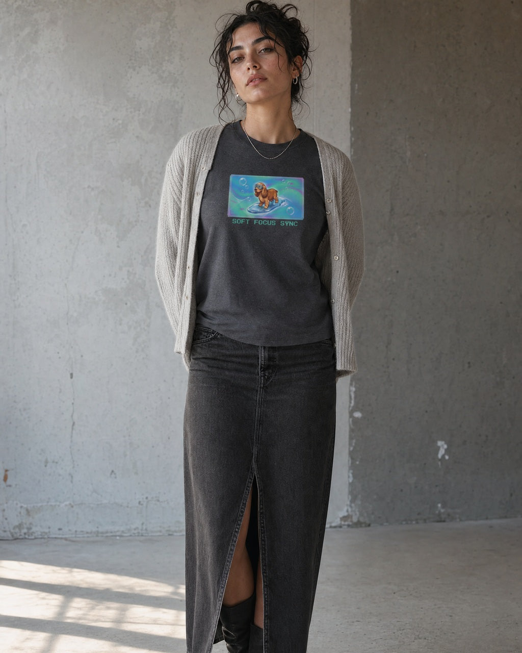 O's Tees Soft Focus Sync Cocker Spaniel Frutiger Aero Dogs graphic tee lifestyle image — Dark Heather shirt, female shot 02, washed black column skirt
