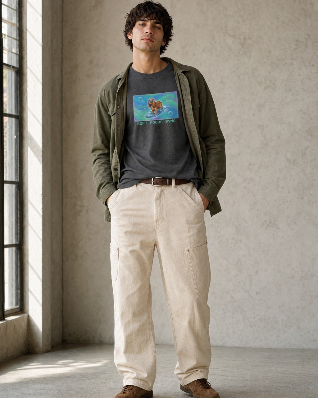 O's Tees Soft Focus Sync Cocker Spaniel Frutiger Aero Dogs graphic tee lifestyle image — Dark Heather shirt, male shot 01, ecru carpenter olive field