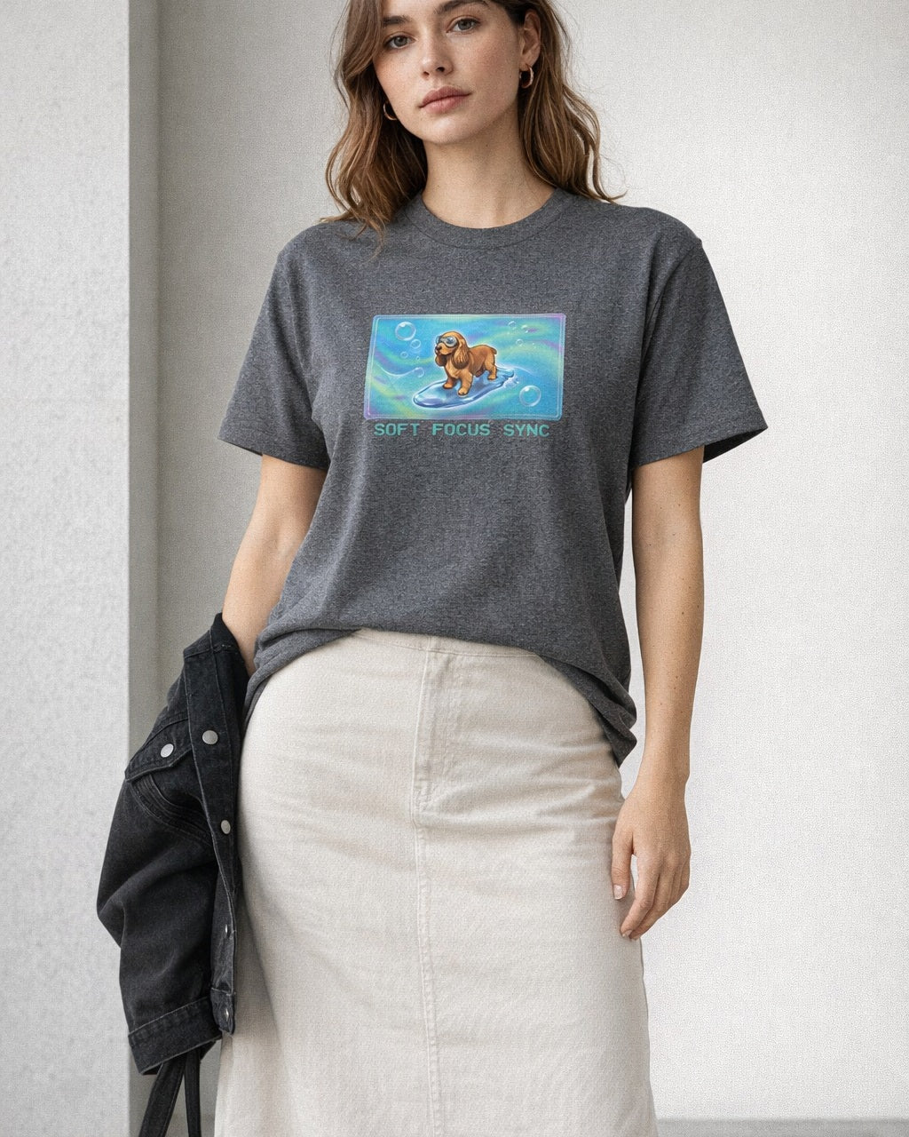 O's Tees Soft Focus Sync Cocker Spaniel Frutiger Aero Dogs graphic tee lifestyle image — Graphite Heather shirt, female shot 02, stone column skirt black jacket