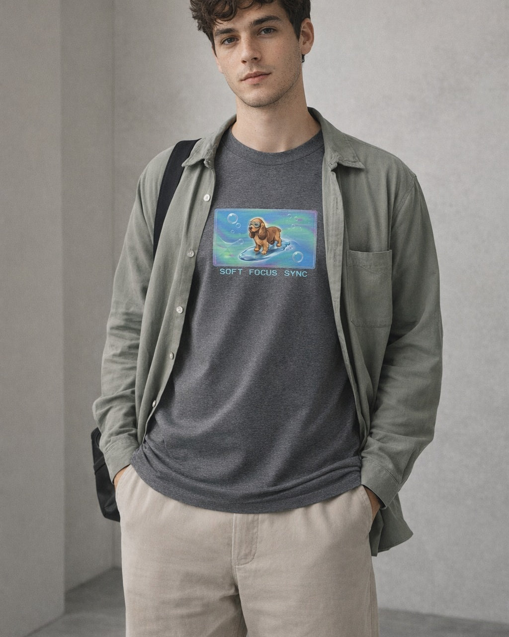 O's Tees Soft Focus Sync Cocker Spaniel Frutiger Aero Dogs graphic tee lifestyle image — Graphite Heather shirt, male shot 01, stone trouser sage overshirt