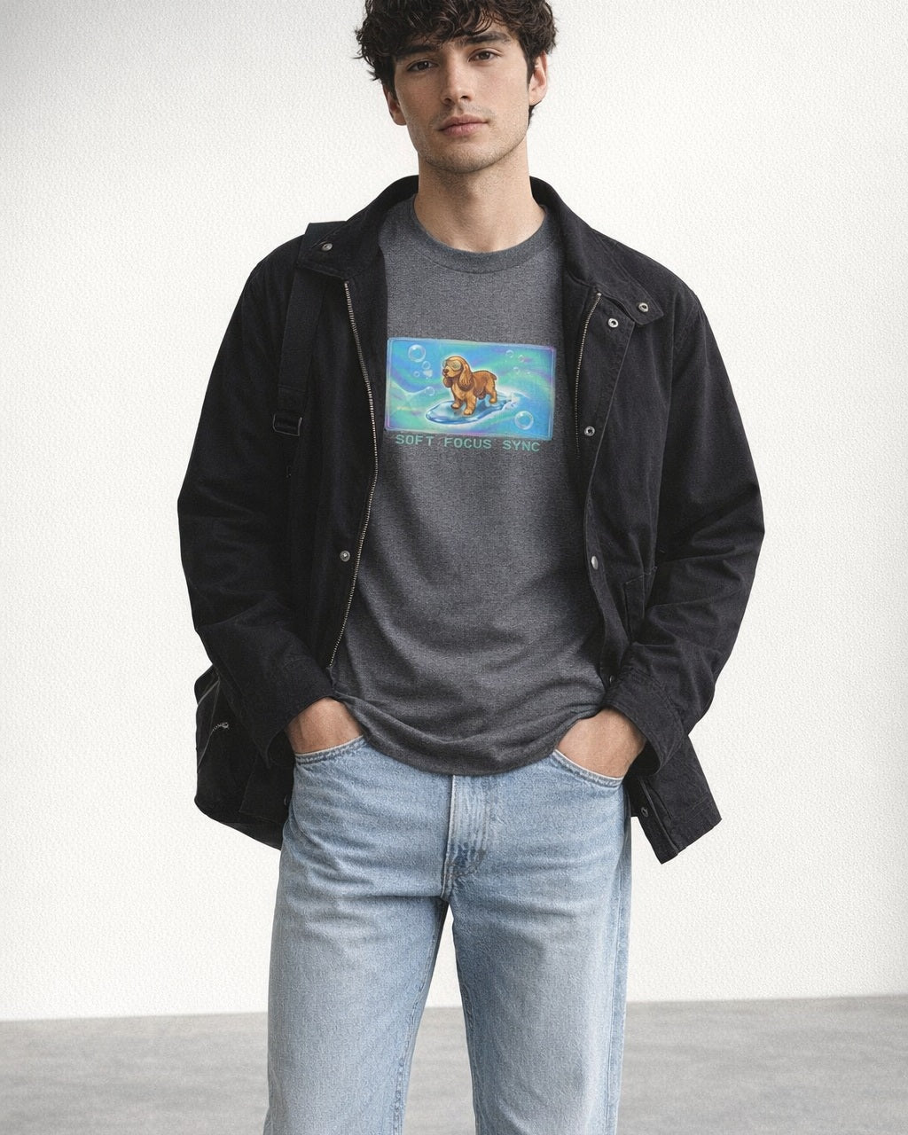 O's Tees Soft Focus Sync Cocker Spaniel Frutiger Aero Dogs graphic tee lifestyle image — Graphite Heather shirt, male shot 02, light denim black field