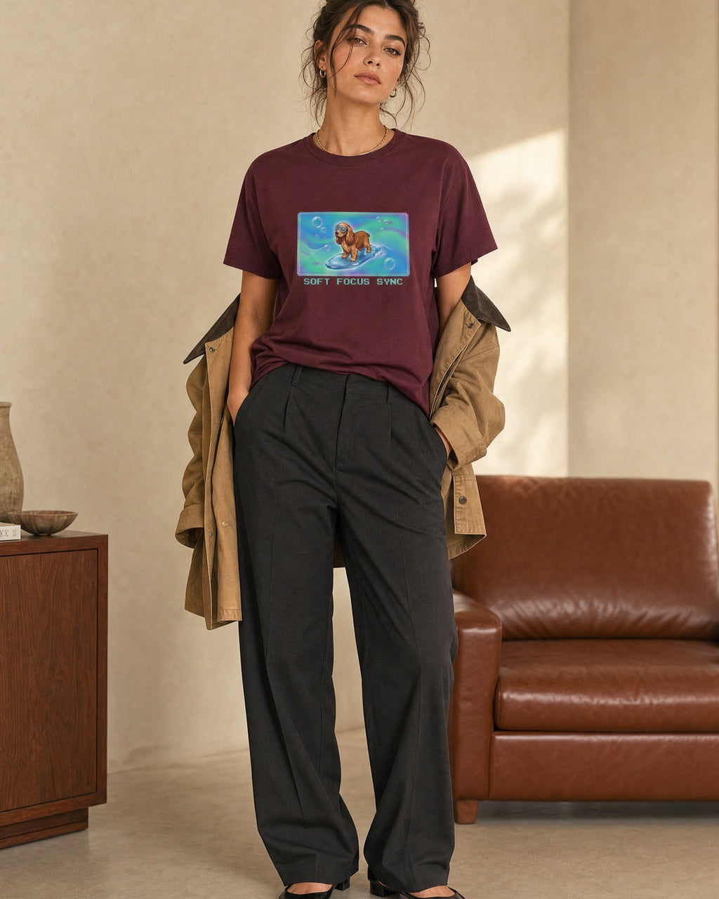O's Tees Soft Focus Sync Cocker Spaniel Frutiger Aero Dogs graphic tee lifestyle image — Maroon shirt, female shot 02, charcoal trouser camel