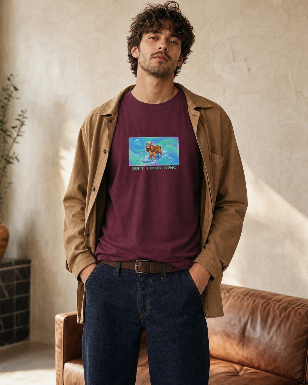 O's Tees Soft Focus Sync Cocker Spaniel Frutiger Aero Dogs graphic tee lifestyle image — Maroon shirt, male shot 01, raw denim camel