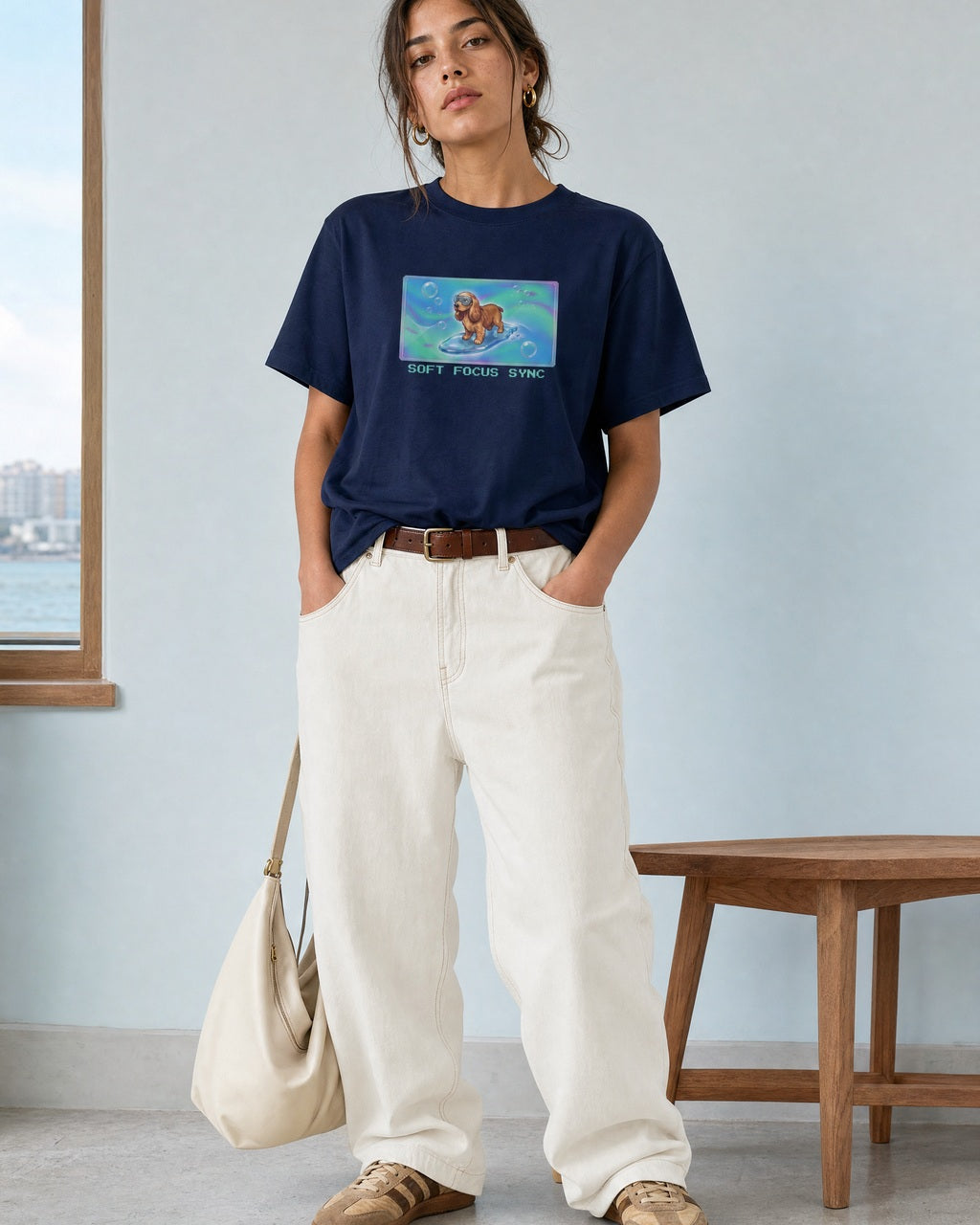 O's Tees Soft Focus Sync Cocker Spaniel Frutiger Aero Dogs graphic tee lifestyle image — Navy shirt, female shot 01, ecru barrel tan suede