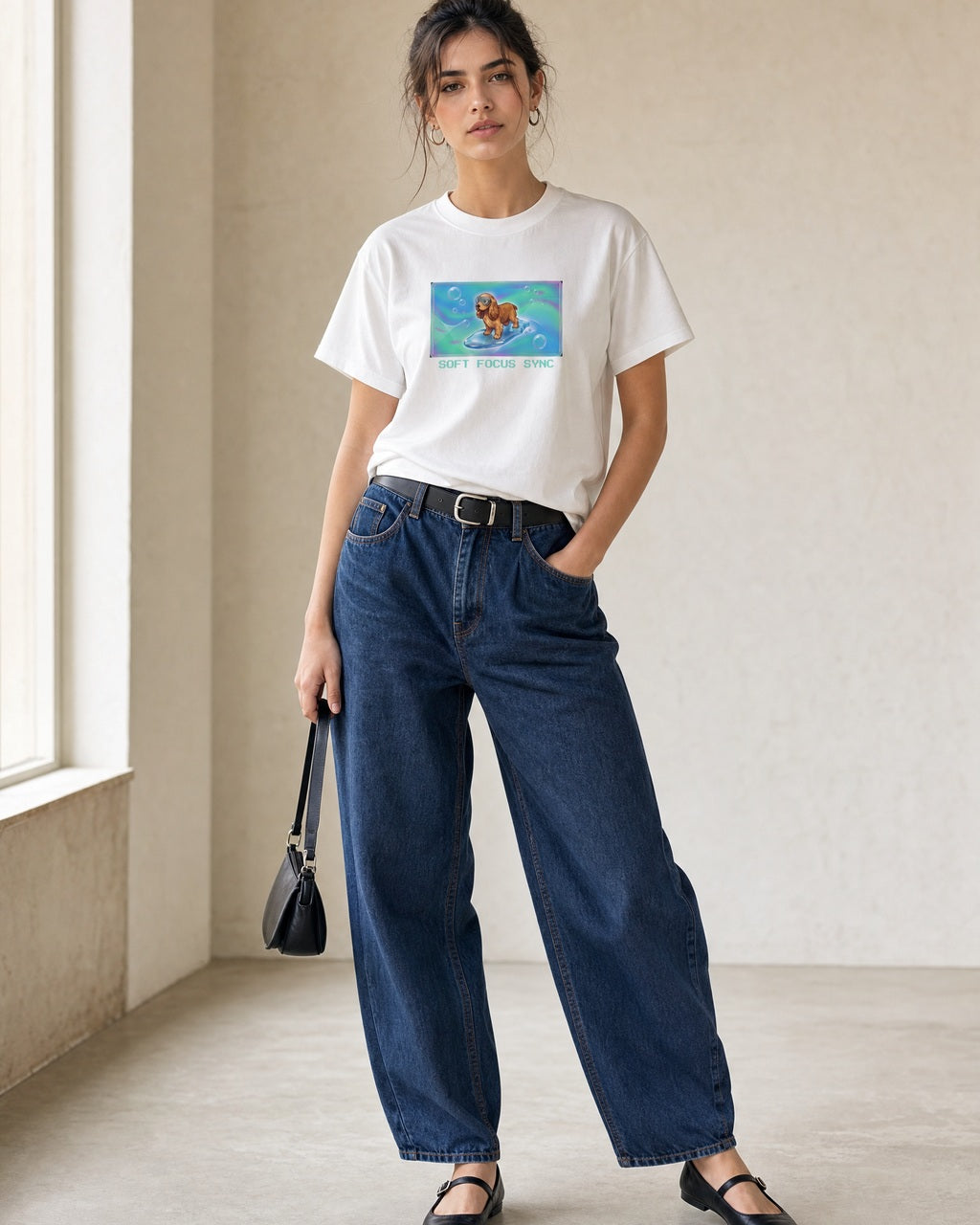 O's Tees Soft Focus Sync Cocker Spaniel Frutiger Aero Dogs graphic tee lifestyle image — White shirt, female shot 01, barrel denim mary jane