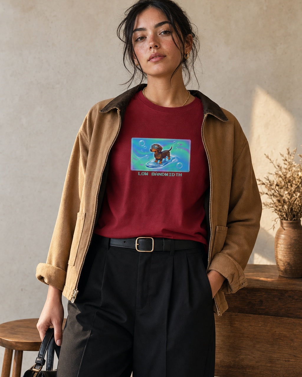 O's Tees Low Bandwidth Dachshund Frutiger Aero Dogs graphic tee lifestyle image — Cardinal Red shirt, female shot 02, black trouser camel jacket