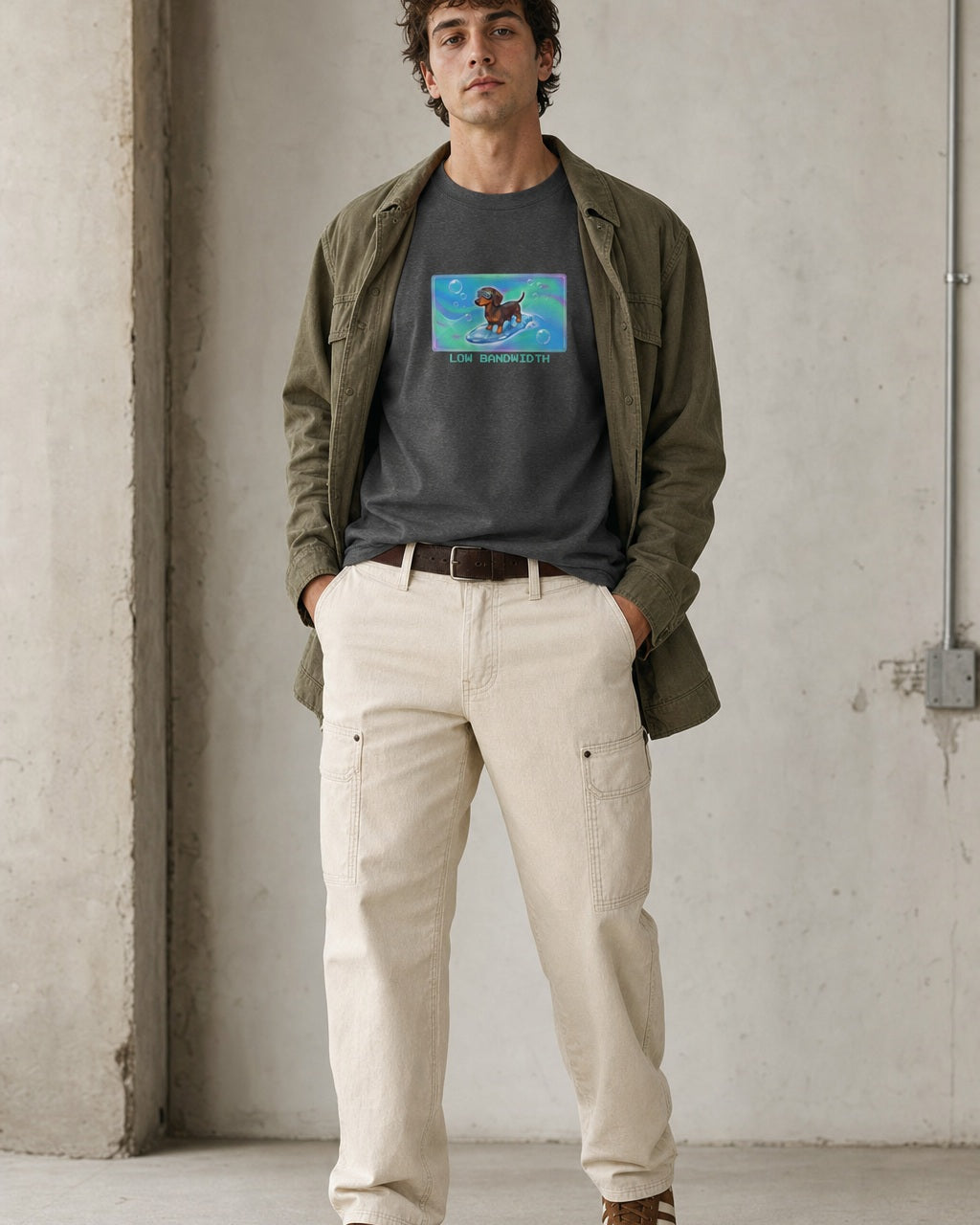 O's Tees Low Bandwidth Dachshund Frutiger Aero Dogs graphic tee lifestyle image — Dark Heather shirt, male shot 01, ecru carpenter olive field