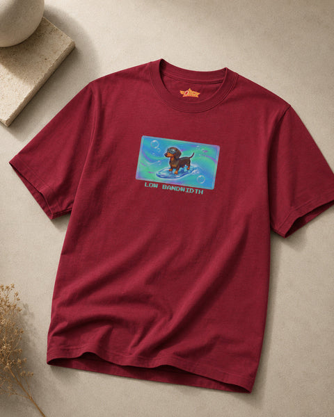 O's Tees Low Bandwidth Dachshund Frutiger Aero Dogs graphic tee — tabletop primary product image
