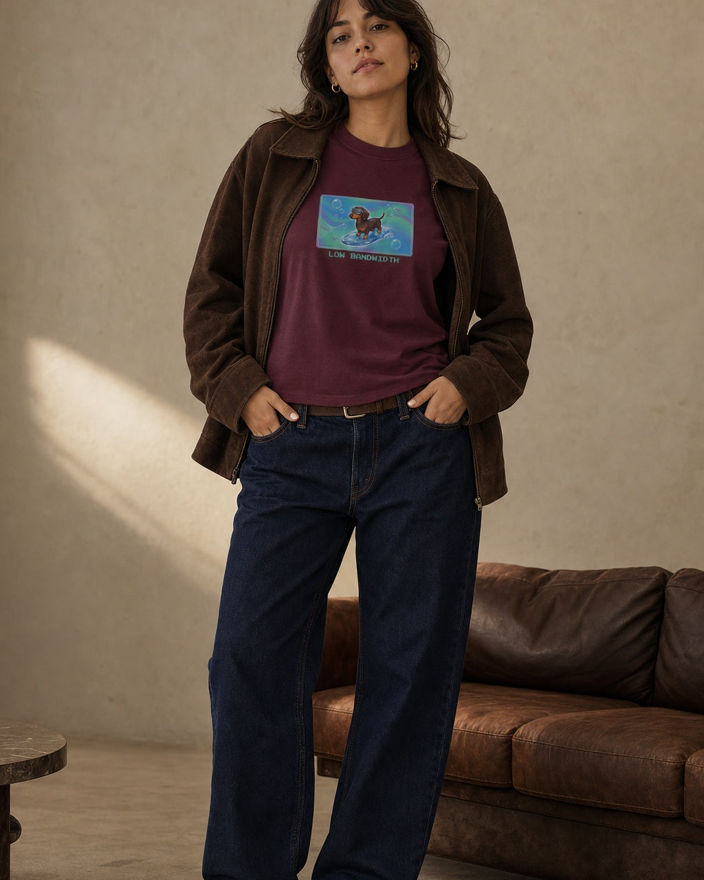 O's Tees Low Bandwidth Dachshund Frutiger Aero Dogs graphic tee lifestyle image — Maroon shirt, female shot 01, deep indigo chocolate
