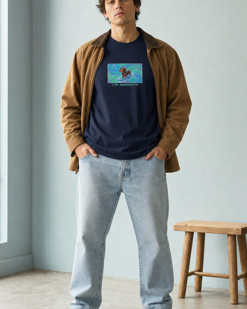 O's Tees Low Bandwidth Dachshund Frutiger Aero Dogs graphic tee lifestyle image — Navy shirt, male shot 02, light denim tobacco